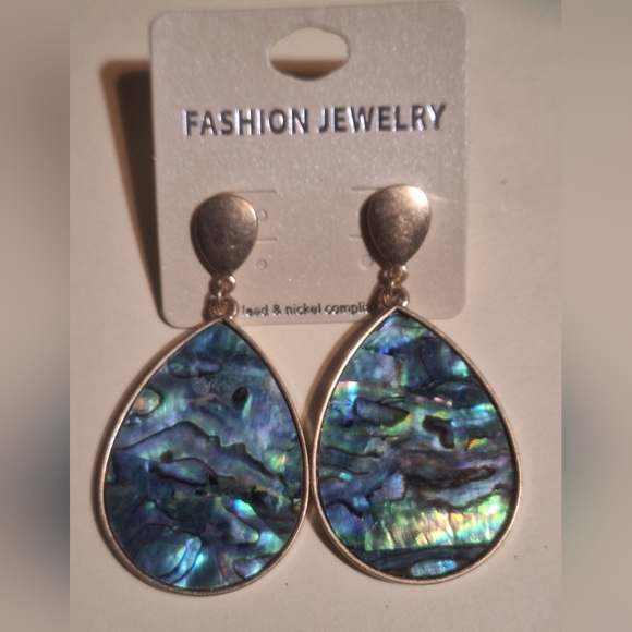 Source Unknown Jewelry - Antique Gold Tone Abalone Pierced Earrings NIP 2.25"